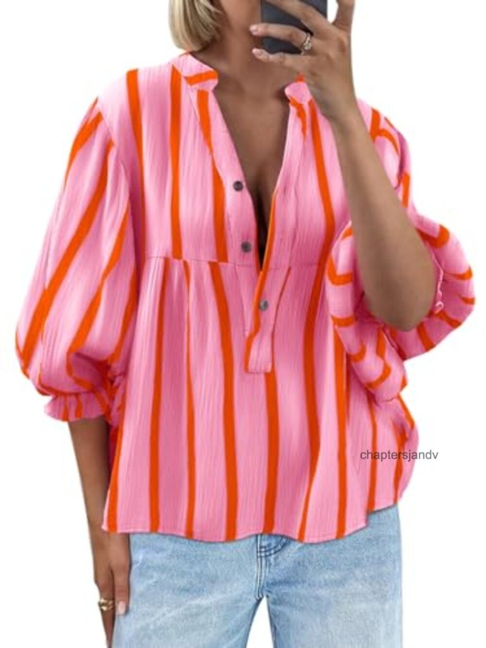 Women's Puff Sleeve Babydoll Blouse V-Neck Striped 100% Polyester